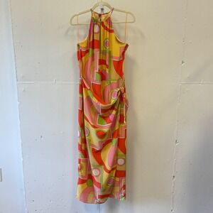 Vintage Spenser Jeremy 100% Silk Halter Maxi Dress Size 12 Geometric Faux Wrap